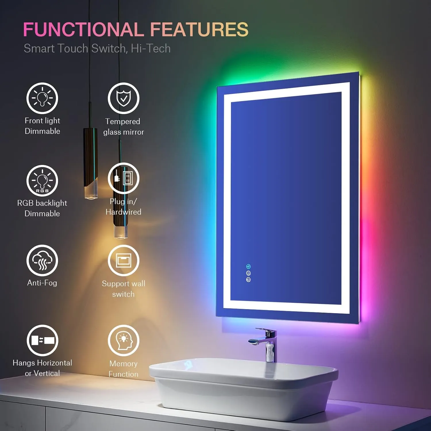 LOAAO 28"X36" LED Bathroom Mirror with Lights, Anti-Fog, Dimmable, RGB Backlit   Front Lighted, Bathroom Vanity Mirror for Wall, Memory Function, Tempered Glass (Safe to Use)