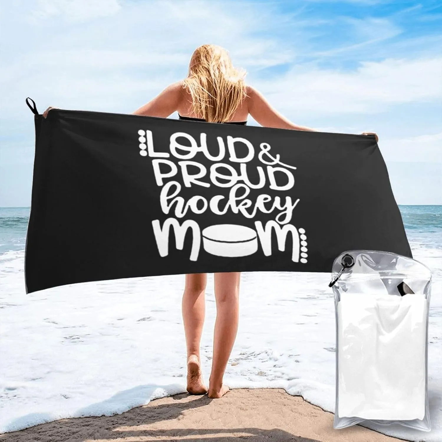 Loud Proud Hockey Mom Beach Towel with Travel Bag 27.5"x55" Quick Dry Sand Free Lightweight Large Oversized Towels Light Vacation Essentials