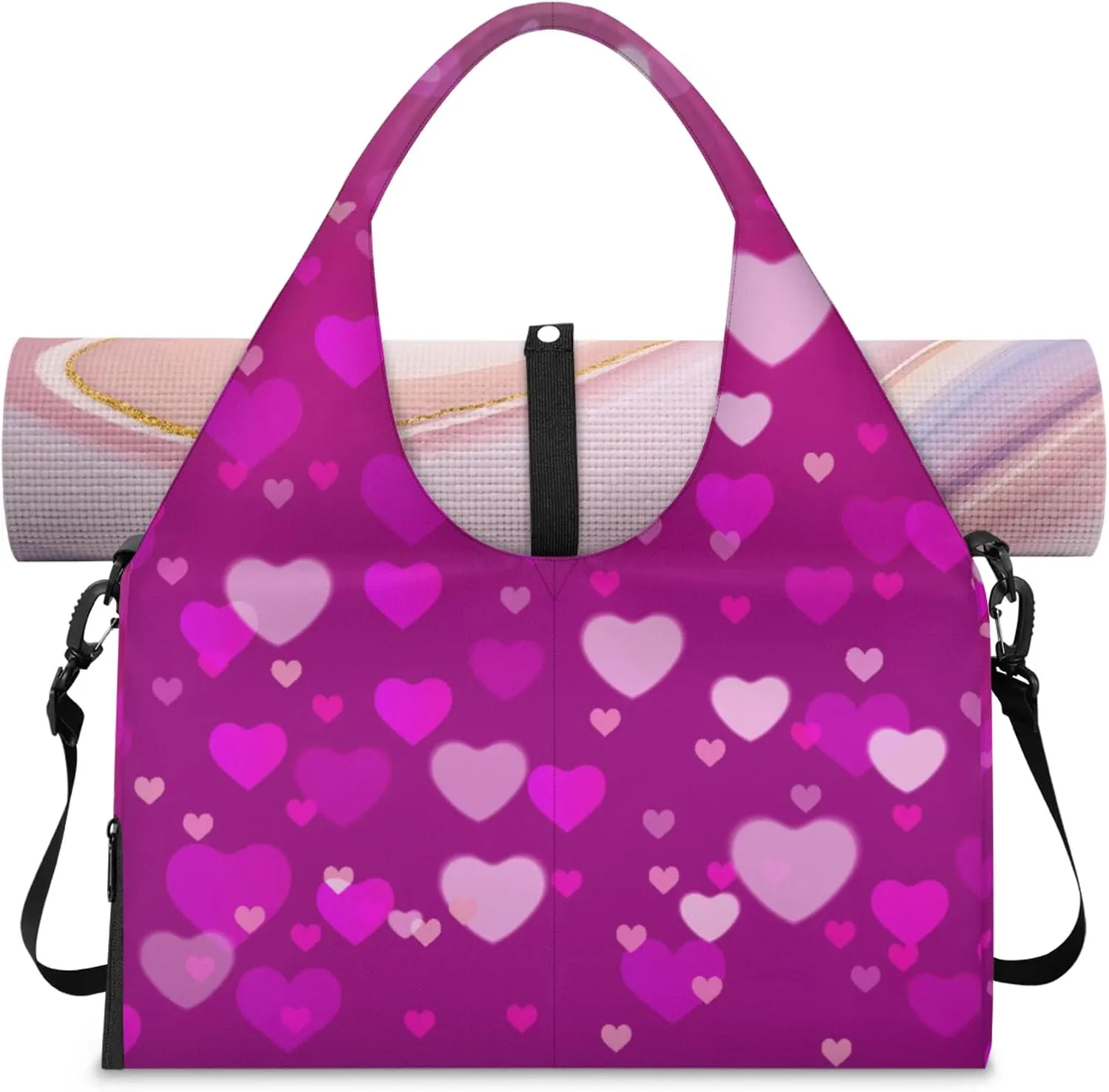 Loves Hearts Style Gym Bag Yoga Mat Tote for Women with Shoes Compartment Lightweight Duffle Travel Carrier Wet Dry Storage Pockets Adjustable Pilates Mats Shoulder Bags for Sport Swim