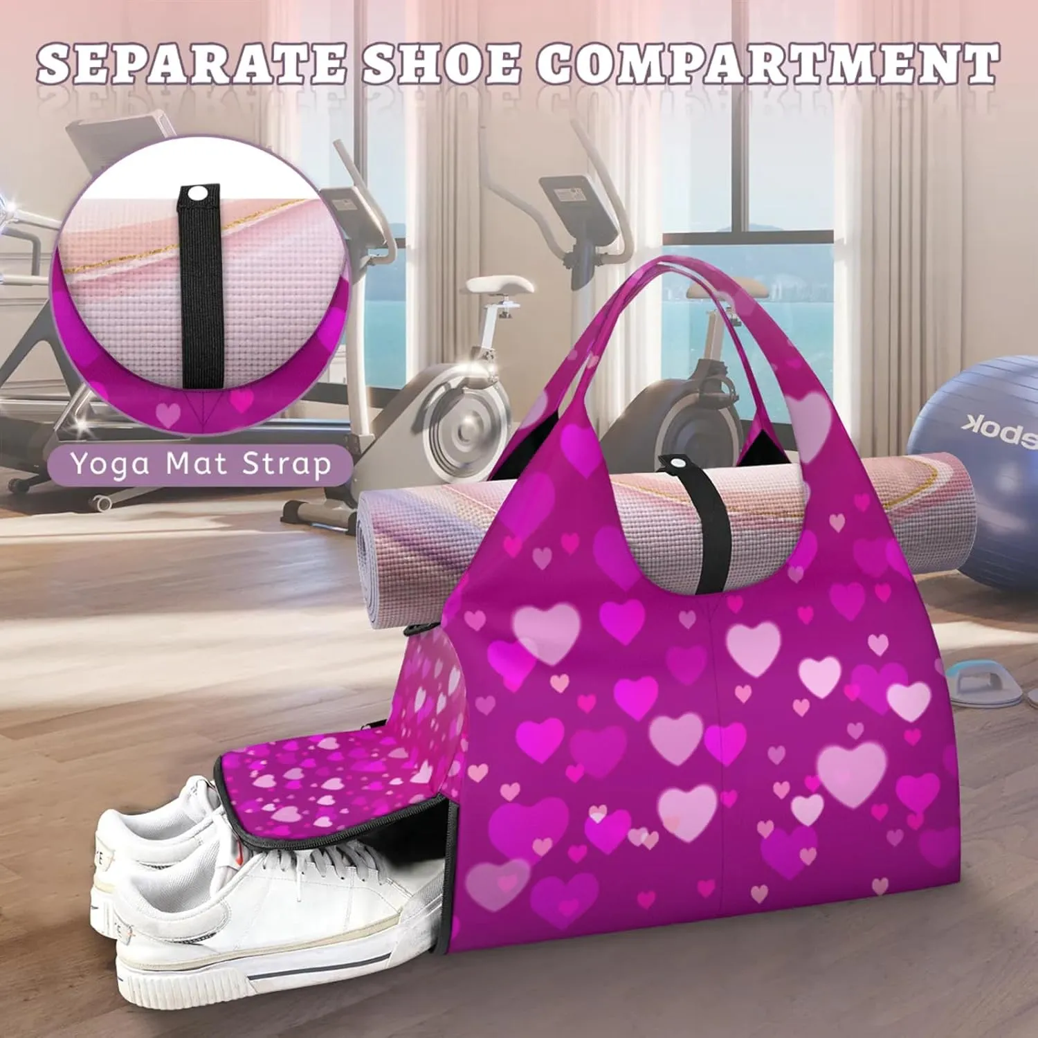 Loves Hearts Style Gym Bag Yoga Mat Tote for Women with Shoes Compartment Lightweight Duffle Travel Carrier Wet Dry Storage Pockets Adjustable Pilates Mats Shoulder Bags for Sport Swim