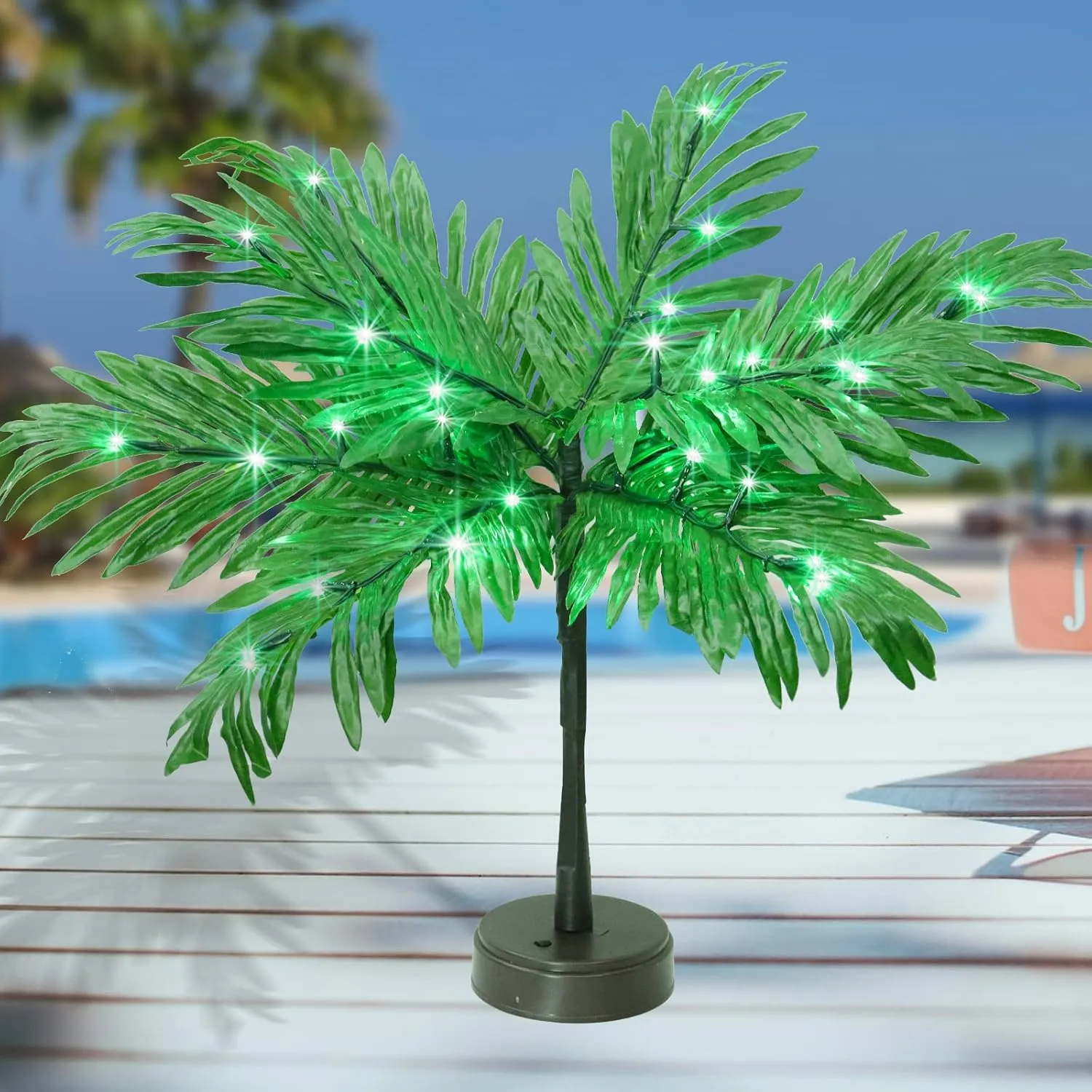 Luau Party Decorations Lighted Palm Tree 23In for Table Decor, Artificial Light Up Green Centerpieces for Tropical Hawaiian Party, Tiki Bar, Home Summer Decor