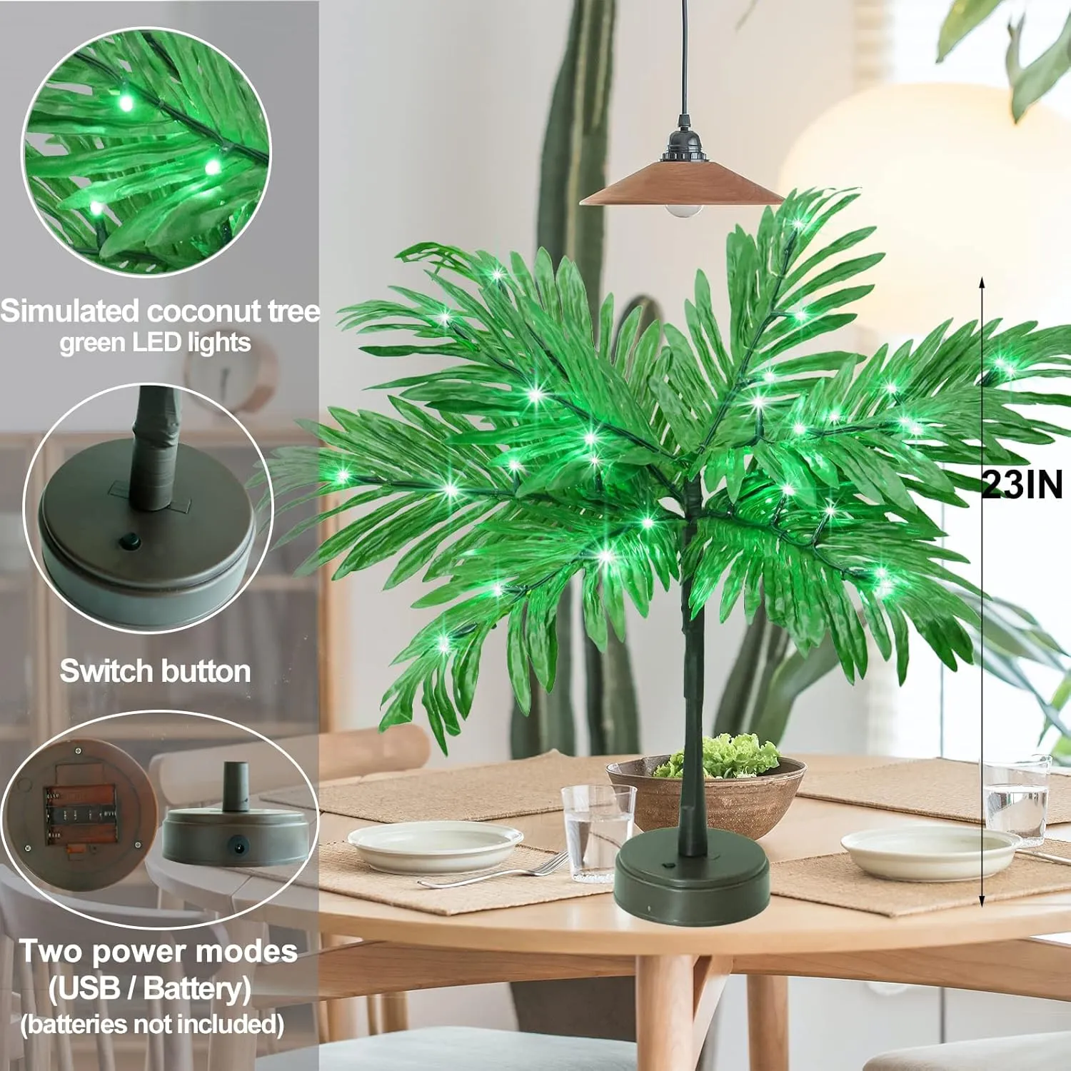Luau Party Decorations Lighted Palm Tree 23In for Table Decor, Artificial Light Up Green Centerpieces for Tropical Hawaiian Party, Tiki Bar, Home Summer Decor