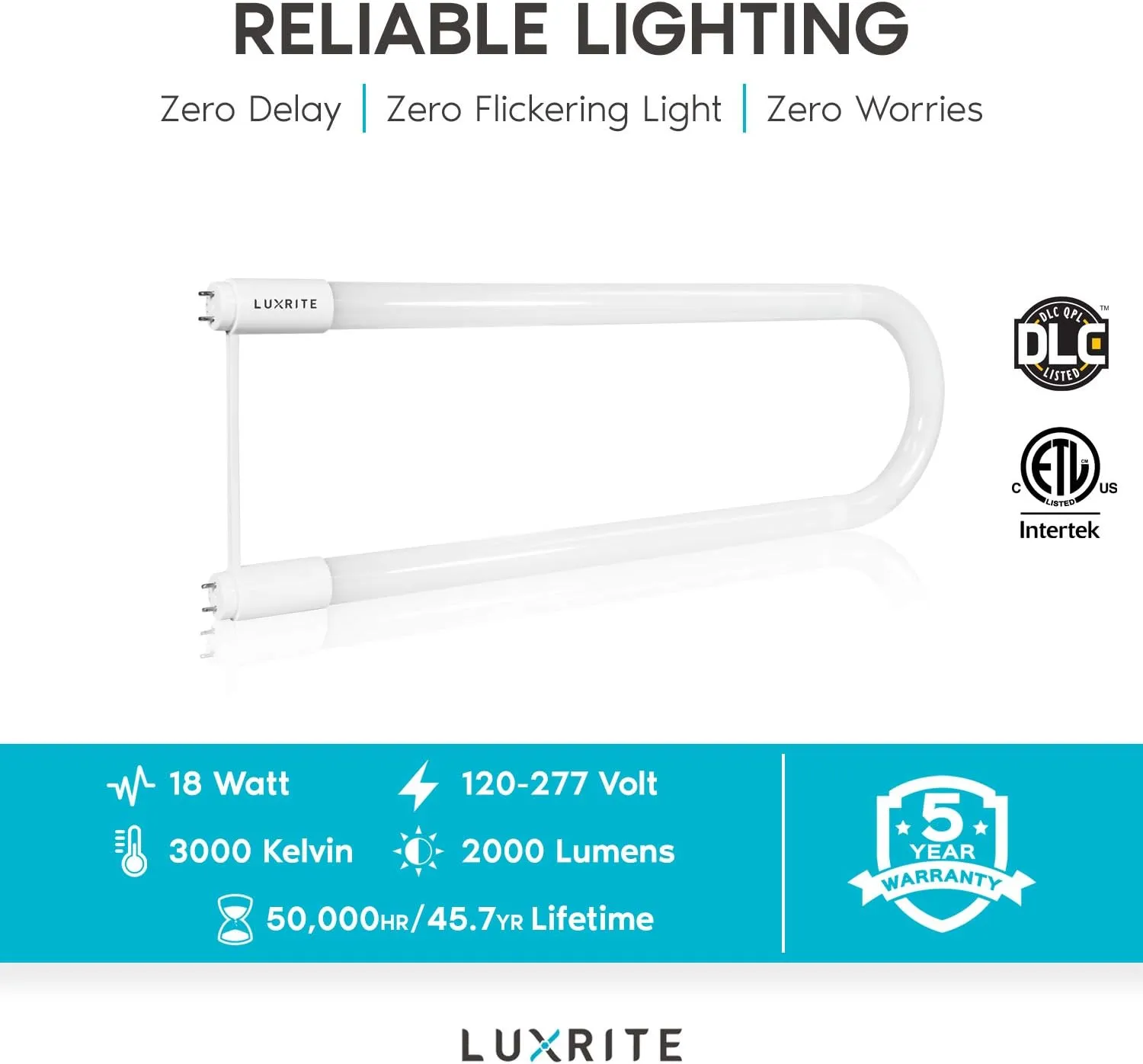 LUXRITE U Bend LED Tube Light, T8 T12, 18W (32W Equivalent), 3000K Soft White, 2000 Lumens, Fluorescent Light Tube Replacement, Direct or Ballast Bypass, DLC and ETL Listed, G13 Base (2 Pack)