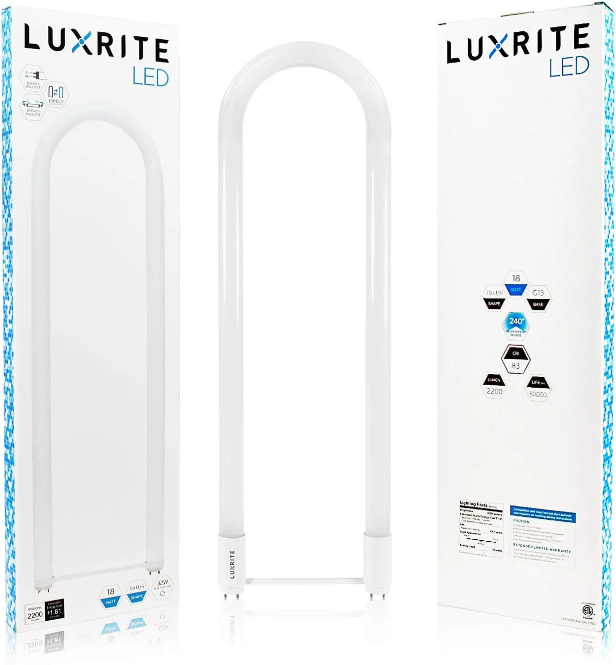 LUXRITE U Bend LED Tube Light, T8 T12, 18W (32W Equivalent), 3000K Soft White, 2000 Lumens, Fluorescent Light Tube Replacement, Direct or Ballast Bypass, DLC and ETL Listed, G13 Base (2 Pack)
