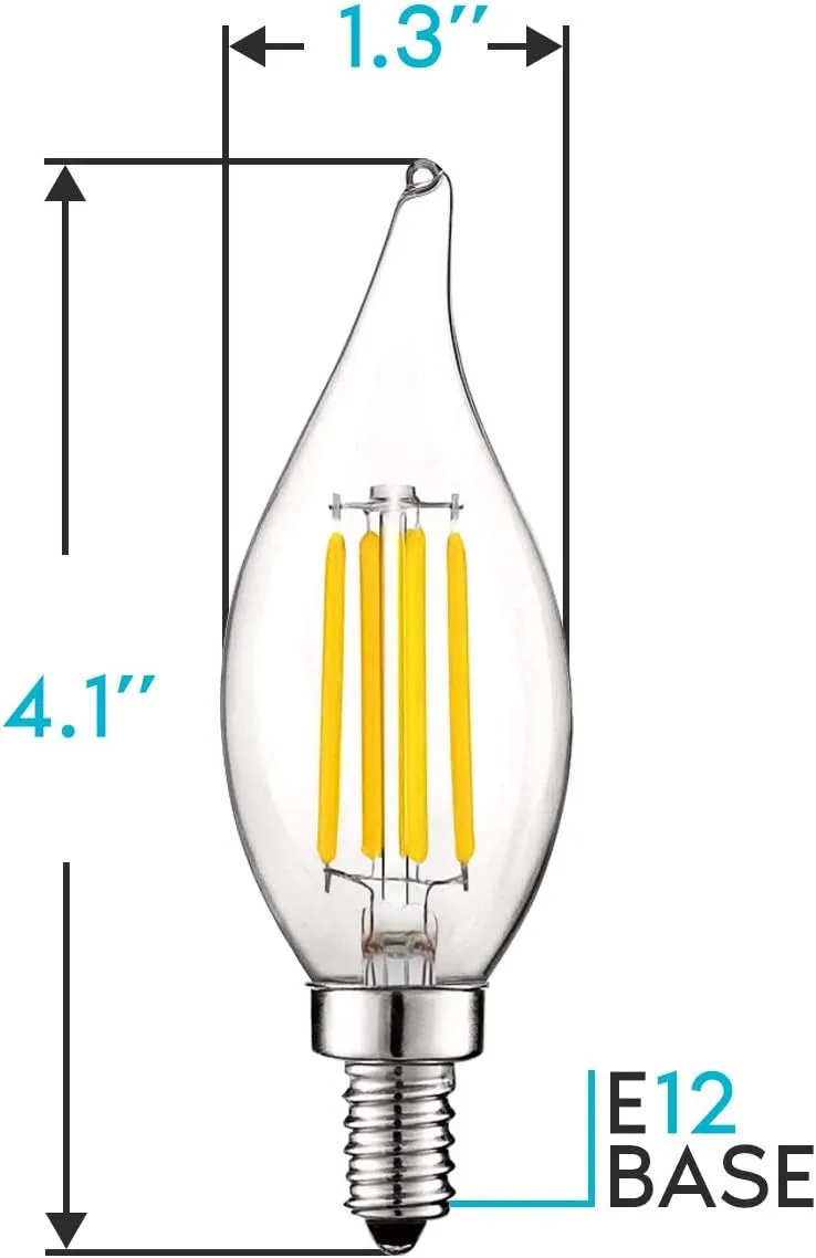 LUXRITE Vintage Candelabra LED Bulb 60W Equivalent, 550 Lumens, 3000K Soft White, Chandelier Light Bulbs 5W, Dimmable, Flame Tip Clear Glass, Filament Candle Bulbs, E12 Base (12 Pack)