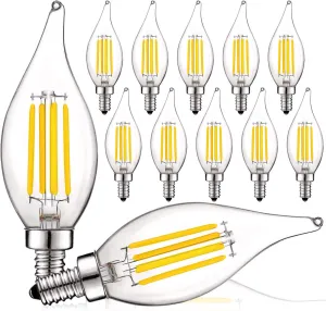 LUXRITE Vintage Candelabra LED Bulb 60W Equivalent, 550 Lumens, 3000K Soft White, Chandelier Light Bulbs 5W, Dimmable, Flame Tip Clear Glass, Filament Candle Bulbs, E12 Base (12 Pack)
