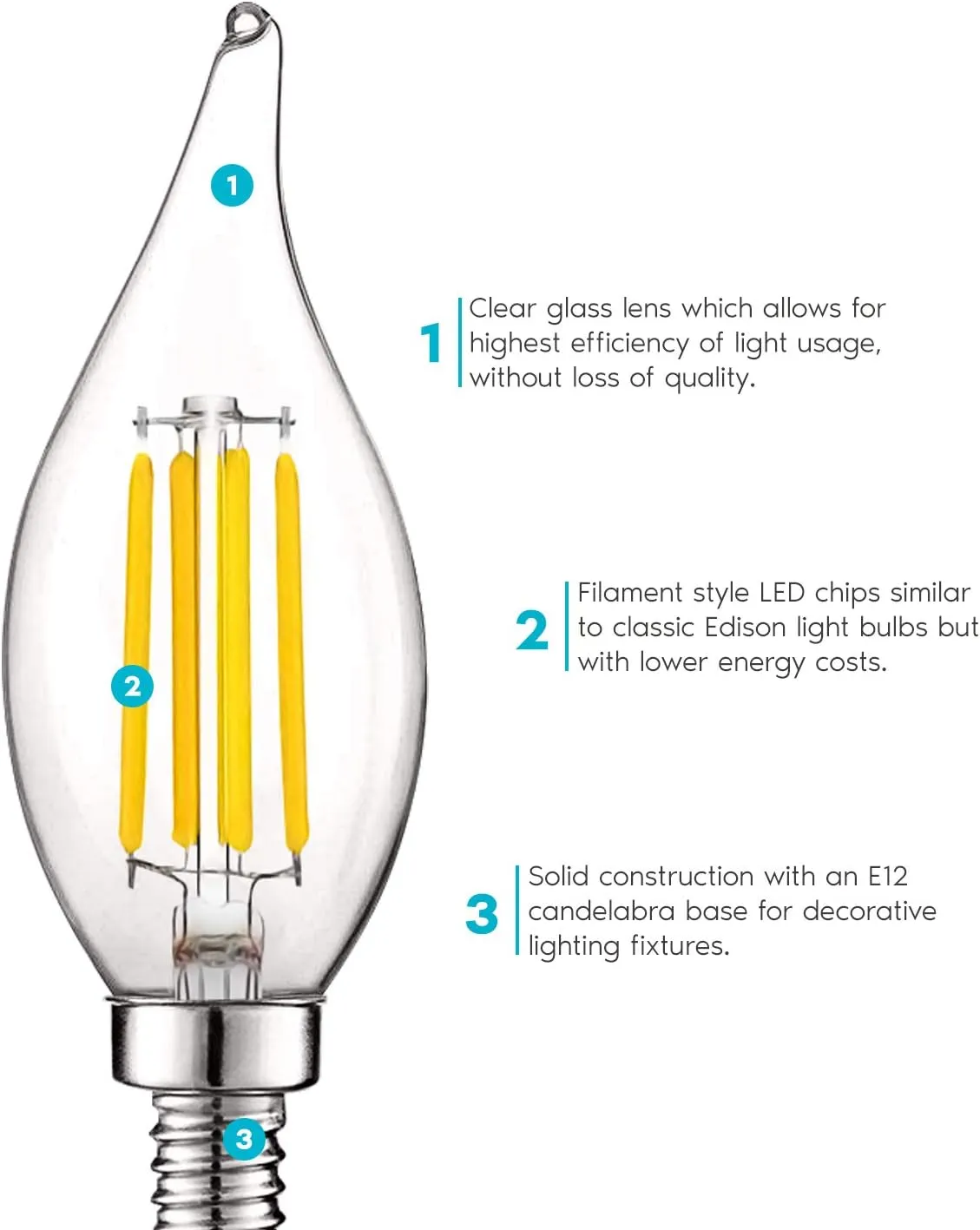 LUXRITE Vintage Candelabra LED Bulb 60W Equivalent, 550 Lumens, 3000K Soft White, Chandelier Light Bulbs 5W, Dimmable, Flame Tip Clear Glass, Filament Candle Bulbs, E12 Base (12 Pack)
