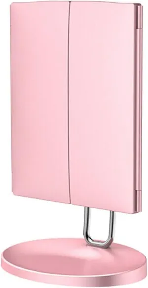 Makeup 21 Led Vanity Mirror with 1x 2X 3X Magnification Touch Screen Switch 180 Degree Rotation Dual Power Supply Portable Trifold Makeup Mirror Portable High Definiti (Pink)