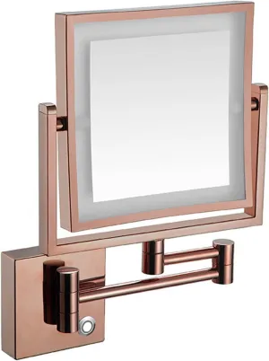 Makeup Mirror LED Wall Mount, 8 Inch Bathroom Shaving Mirror Wall Mounted Square Vanity Mirror, 360° Swivel 3X Magnification Two-Sided (Color : Rose Gold, Size : Plug)