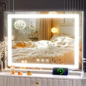 Makeup Vanity Mirror with Lights 26" x 20" Large LED Makeup Mirror, Light up Mirror with 10X Magnification and USB Charging Port, Dimmable 3 Modes, Touch Screen Control White