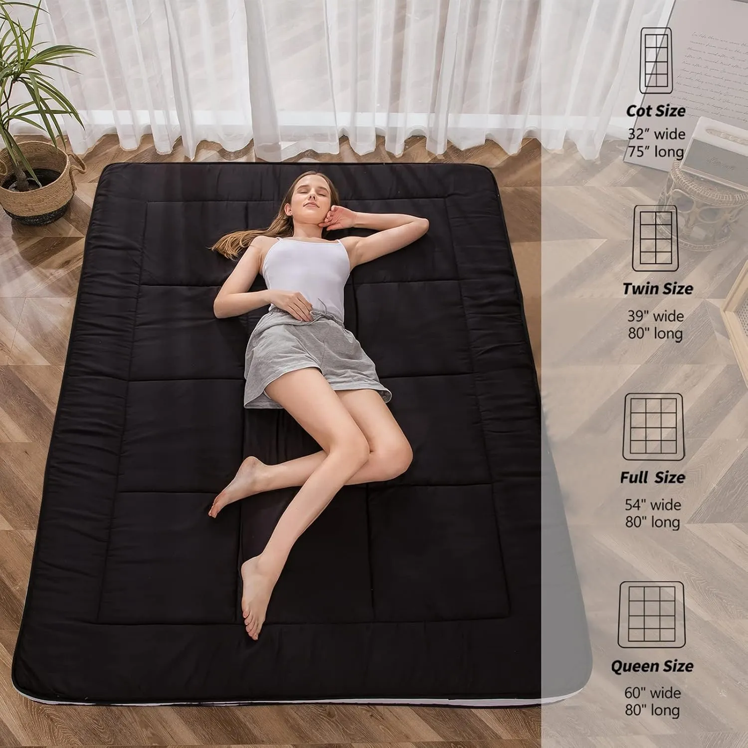 MAXYOYO Futon Mattress, Padded Japanese Floor Mattress Quilted Bed Mattress Topper, Extra Thick Folding Sleeping Pad Breathable Floor Lounger Guest Bed for Camping Couch, Black, Queen Size