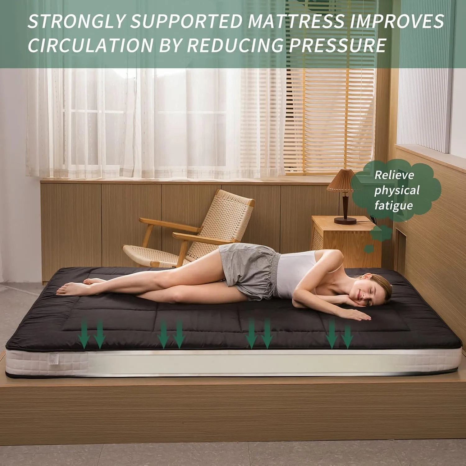 MAXYOYO Futon Mattress, Padded Japanese Floor Mattress Quilted Bed Mattress Topper, Extra Thick Folding Sleeping Pad Breathable Floor Lounger Guest Bed for Camping Couch, Black, Queen Size