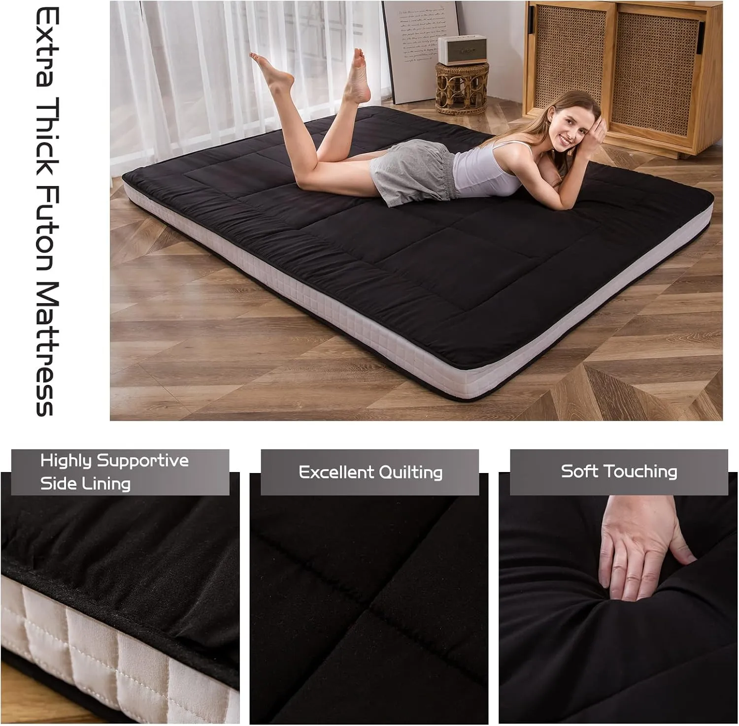 MAXYOYO Futon Mattress, Padded Japanese Floor Mattress Quilted Bed Mattress Topper, Extra Thick Folding Sleeping Pad Breathable Floor Lounger Guest Bed for Camping Couch, Black, Queen Size