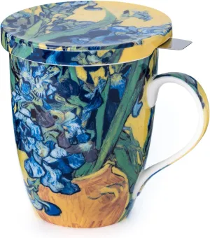 McIntosh Van Gogh Irises Fine Bone China (15 oz) Tea Mug with Lid and Infuser in Matching Gift Box