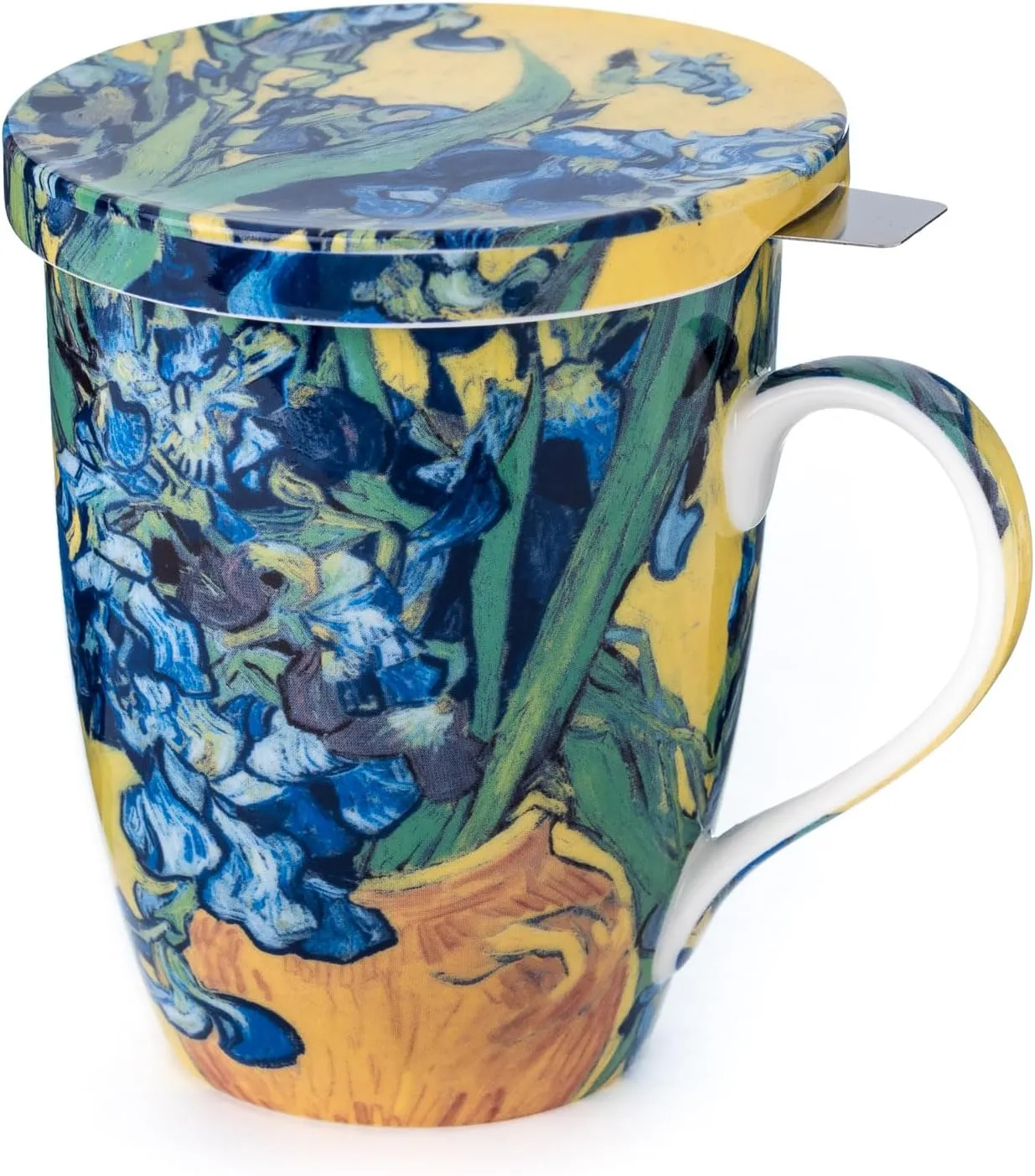 McIntosh Van Gogh Irises Fine Bone China (15 oz) Tea Mug with Lid and Infuser in Matching Gift Box