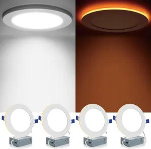 Meconard 4 Pack 6 Inch 5CCT LED Canless Recessed Lighting with Night Light, 2700K/3000K/3500K/4000K/5000K Selectable Ultra-Thin LED Ceiling Lights, 12W=110W, 1050LM, Dimmable Wafer Downlight ETL&FCC