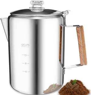 MEREZA Camping Percolator Coffee Pot 12 Cup Stove Top Coffee Percolator Non Electric Coffee Maker Camping Stainless Steel Coffee Pot Outdoors Home No Aluminum & Plastic Fast Brew