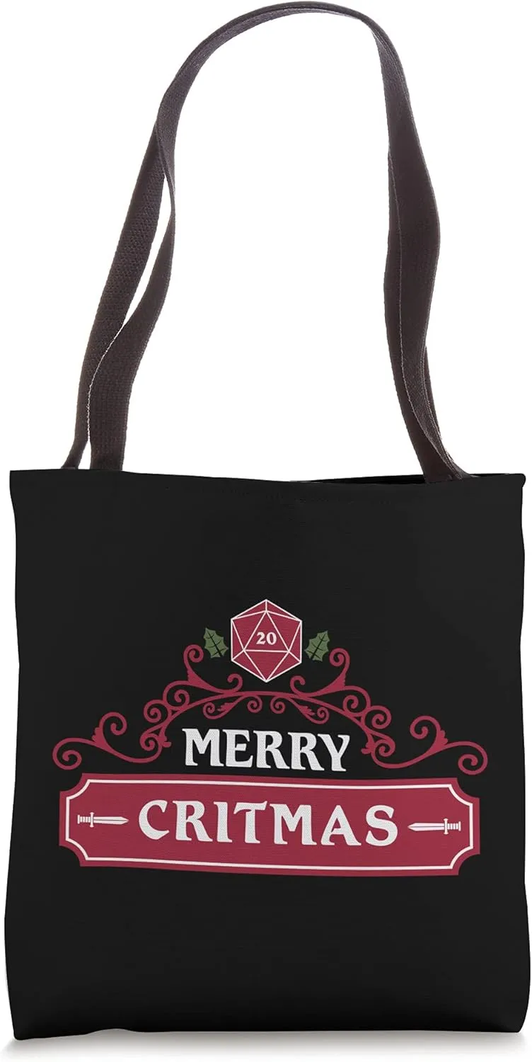 Merry Critmas D20 Dice RPG Tabletop Gaming Christmas Holiday Tote Bag