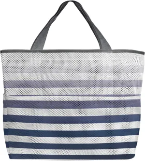 Mesh Beach Tote Bag Navy Blue Ombre Gradual Color 60L Oversize Beach Tote Gradient Stripes Toy Tote Grocery Storage Net Bag Quick Dry Swim Bag with Pockets Foldable Lightweight for Pool 24"x16"x9"