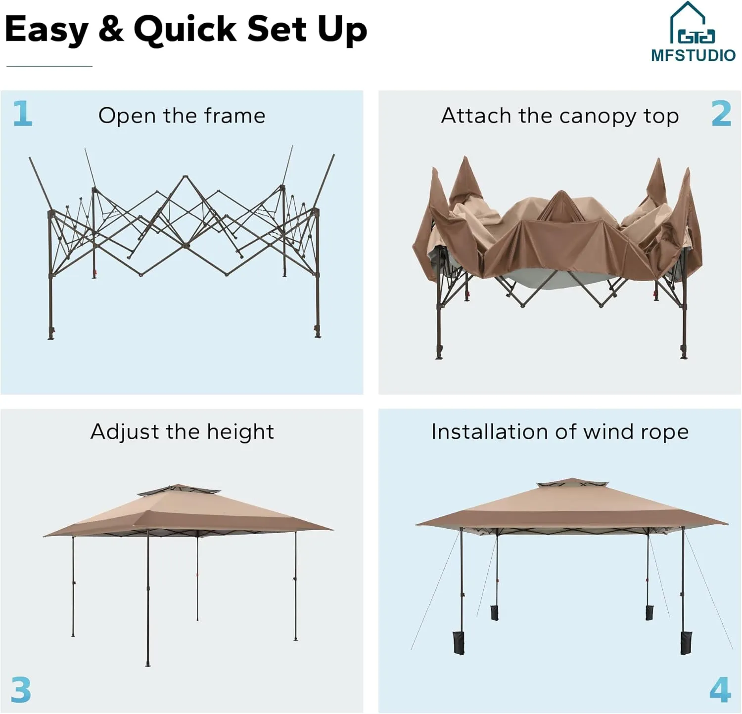MFSTUDIO 13x13 Pop Up Canopy Tent, Double-Tier Top Outdoor Instant Portable Shelter, 1-Person Setup Straight Legs, 169 sq.ft Large Sun Protection Shade, Light Brown