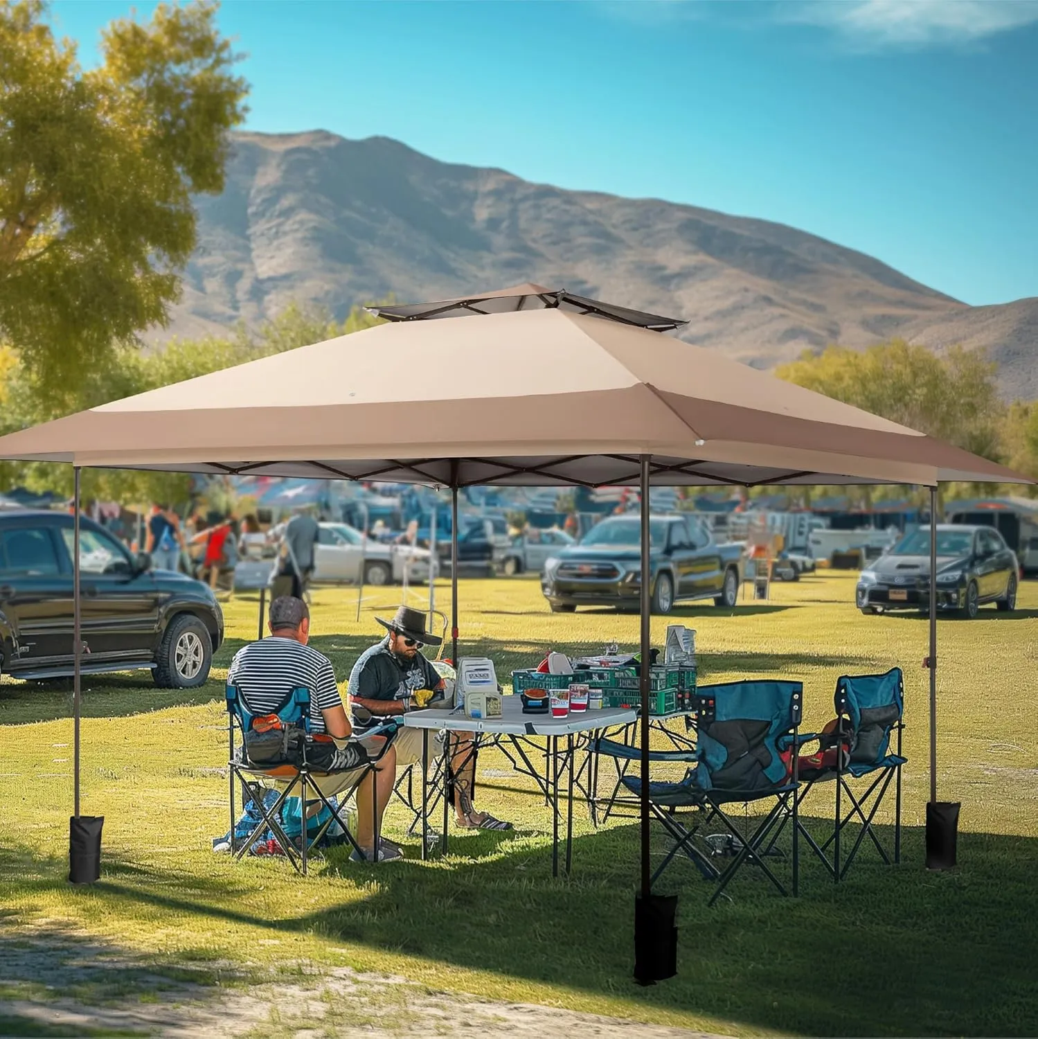 MFSTUDIO 13x13 Pop Up Canopy Tent, Double-Tier Top Outdoor Instant Portable Shelter, 1-Person Setup Straight Legs, 169 sq.ft Large Sun Protection Shade, Light Brown