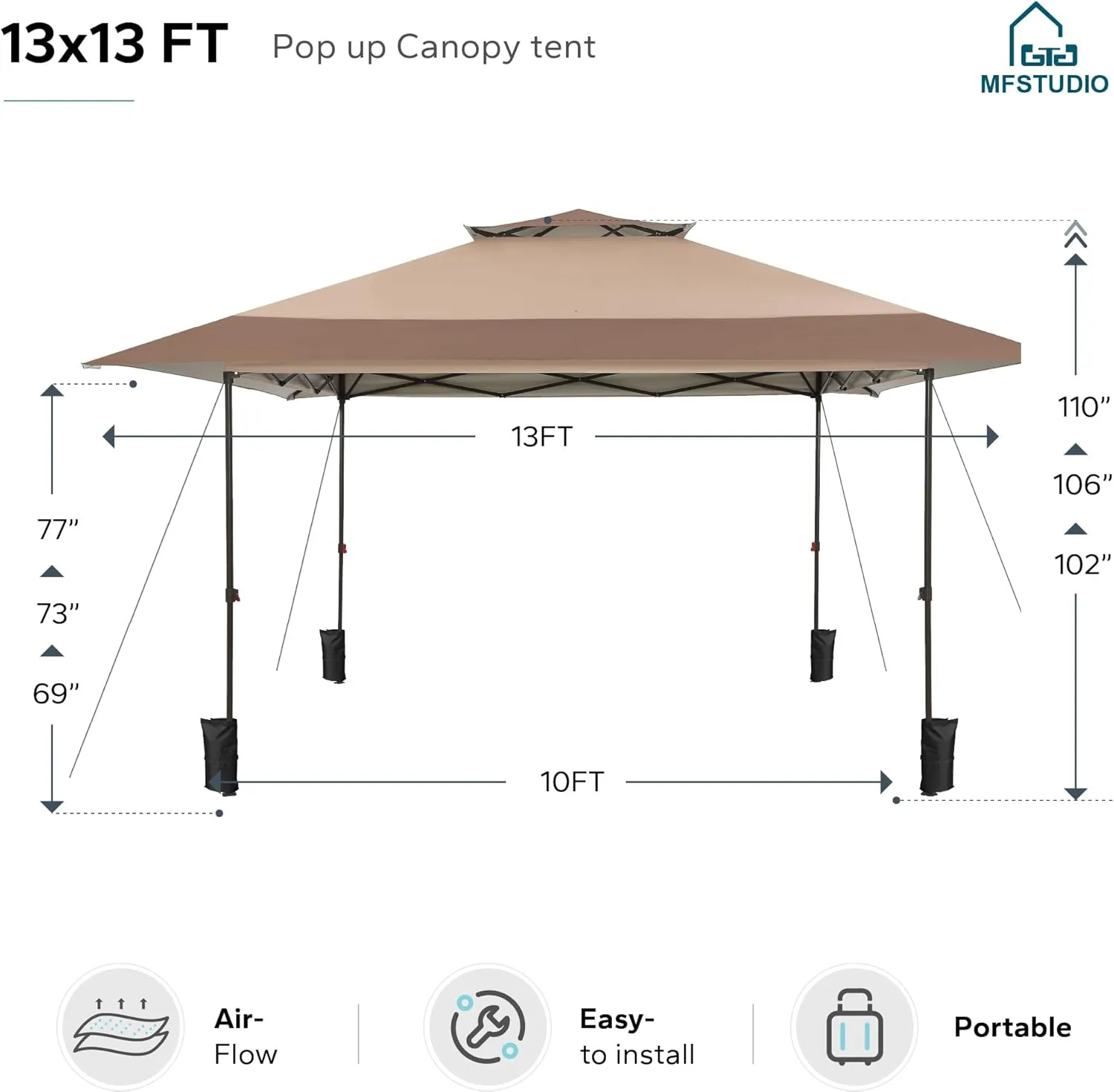 MFSTUDIO 13x13 Pop Up Canopy Tent, Double-Tier Top Outdoor Instant Portable Shelter, 1-Person Setup Straight Legs, 169 sq.ft Large Sun Protection Shade, Light Brown
