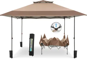 MFSTUDIO 13x13 Pop Up Canopy Tent, Double-Tier Top Outdoor Instant Portable Shelter, 1-Person Setup Straight Legs, 169 sq.ft Large Sun Protection Shade, Light Brown