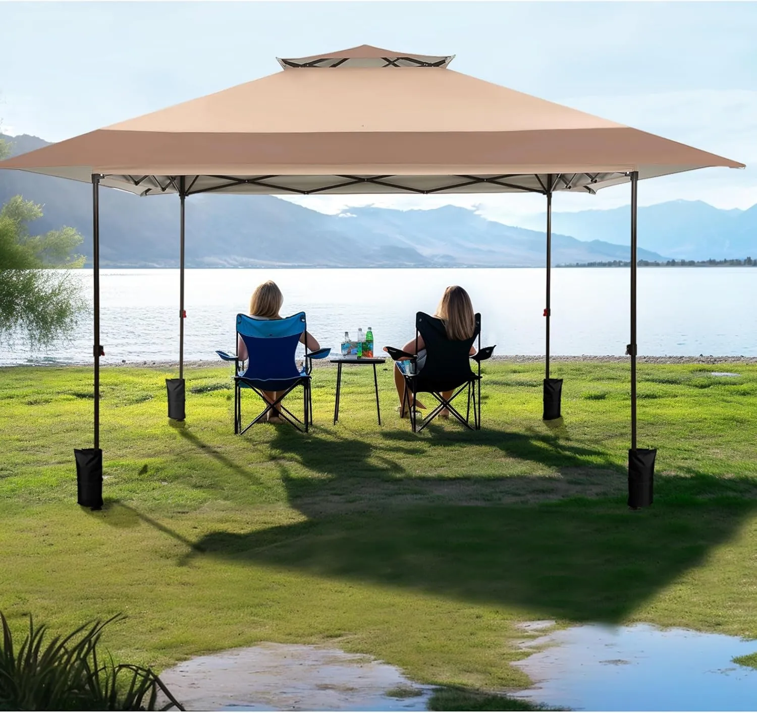 MFSTUDIO 13x13 Pop Up Canopy Tent, Double-Tier Top Outdoor Instant Portable Shelter, 1-Person Setup Straight Legs, 169 sq.ft Large Sun Protection Shade, Light Brown