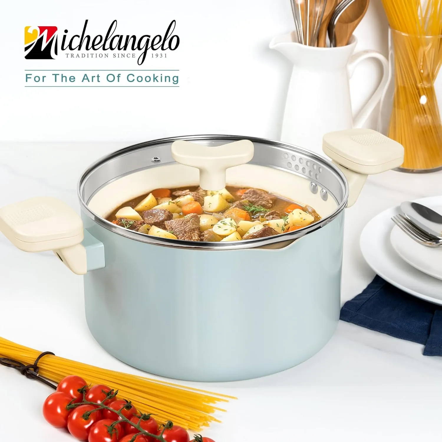 MICHELANGELO Pasta Pot with Strainer Lid - 6 Quart Cooking Pot with Lid, Non Stick Spaghetti Pot Ceramic Coated with Twist and Lock Handles for Easy Draining, Induction Compatible, Soft Aqua