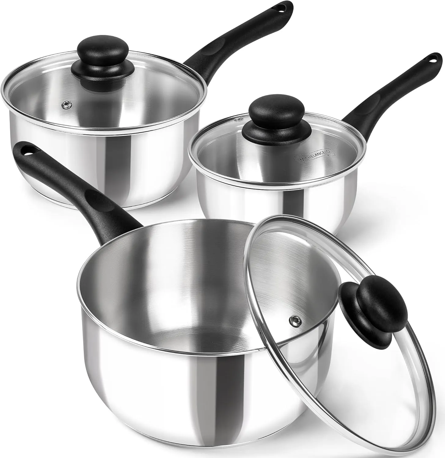 MICHELANGELO Stainless Steel Saucepan with Lid, Triply Base Stainless Steel Pot Set with Bakelite Handle, 1QT & 2QT & 3QT Saucepan Set - 6 Pcs Sauce Pans