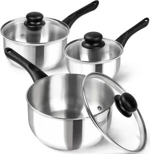 MICHELANGELO Stainless Steel Saucepan with Lid, Triply Base Stainless Steel Pot Set with Bakelite Handle, 1QT & 2QT & 3QT Saucepan Set - 6 Pcs Sauce Pans