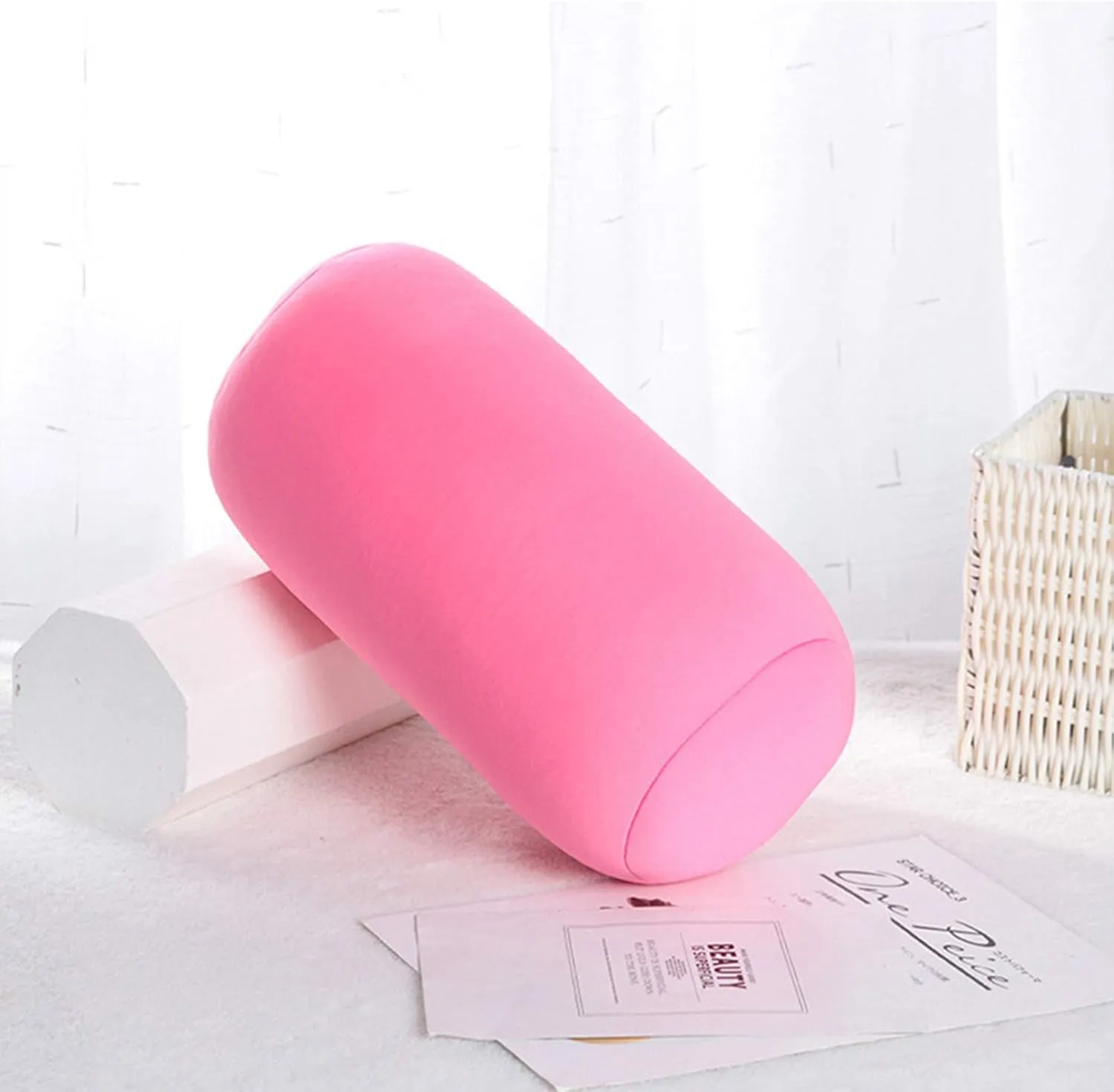 Microbead Roll Neck Pillows Comfy Bean Bag Pillow Mooshi Foam Bolster Tube Cushion Back Head Lumbar Support Sleeping Throw Pillows for Travel Airplane Car Sofa Bed (Pink, 12.6''X6.3'')