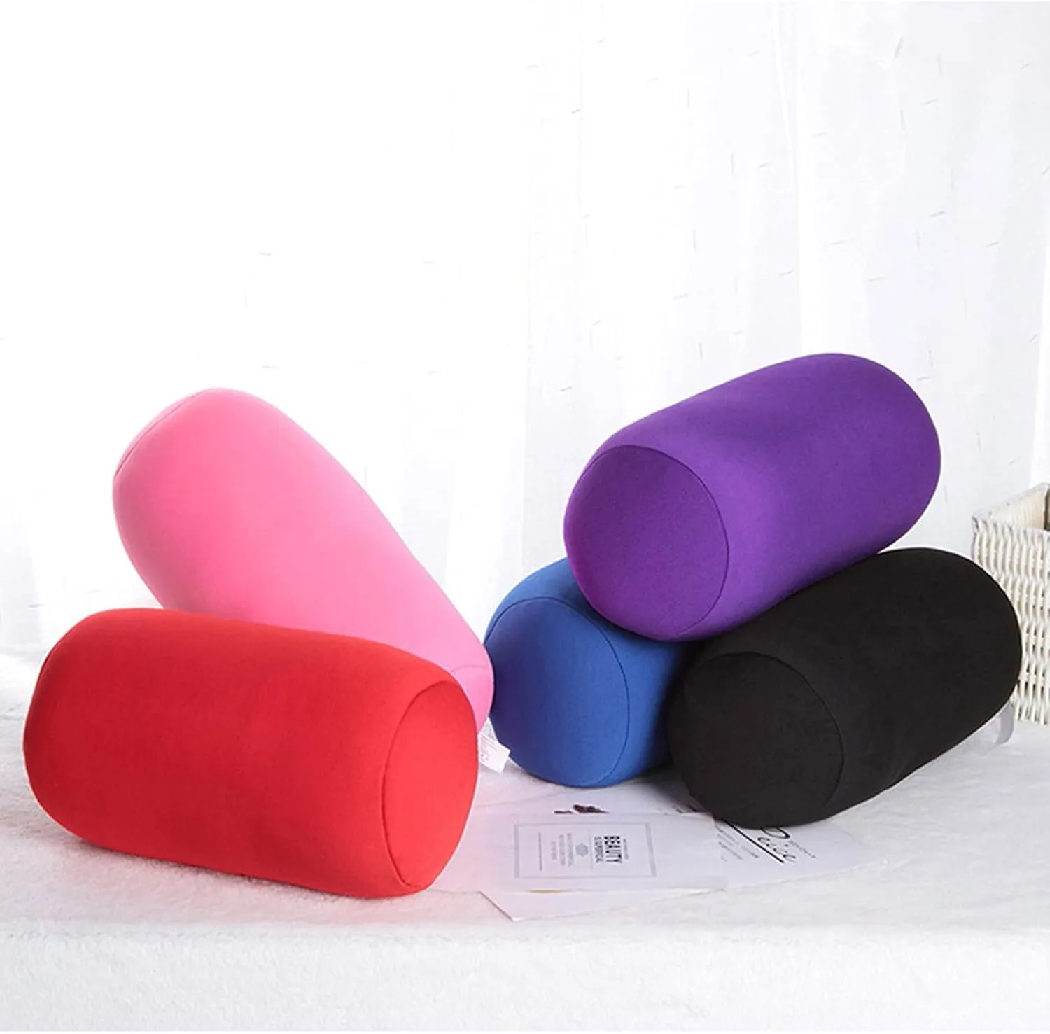 Microbead Roll Neck Pillows Comfy Bean Bag Pillow Mooshi Foam Bolster Tube Cushion Back Head Lumbar Support Sleeping Throw Pillows for Travel Airplane Car Sofa Bed (Pink, 12.6''X6.3'')