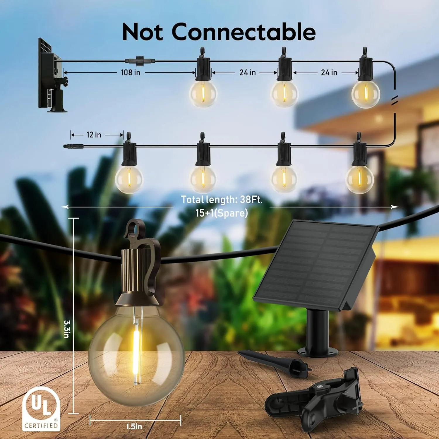Minetom Solar Outdoor Lights - 38Ft 15 LED Waterproof Solar String Lights with USB Port and Cable Ties, Commercial Shatterproof G40 LED Bulbs, Hanging Patio Light for Backyard Porch Bistro Decor