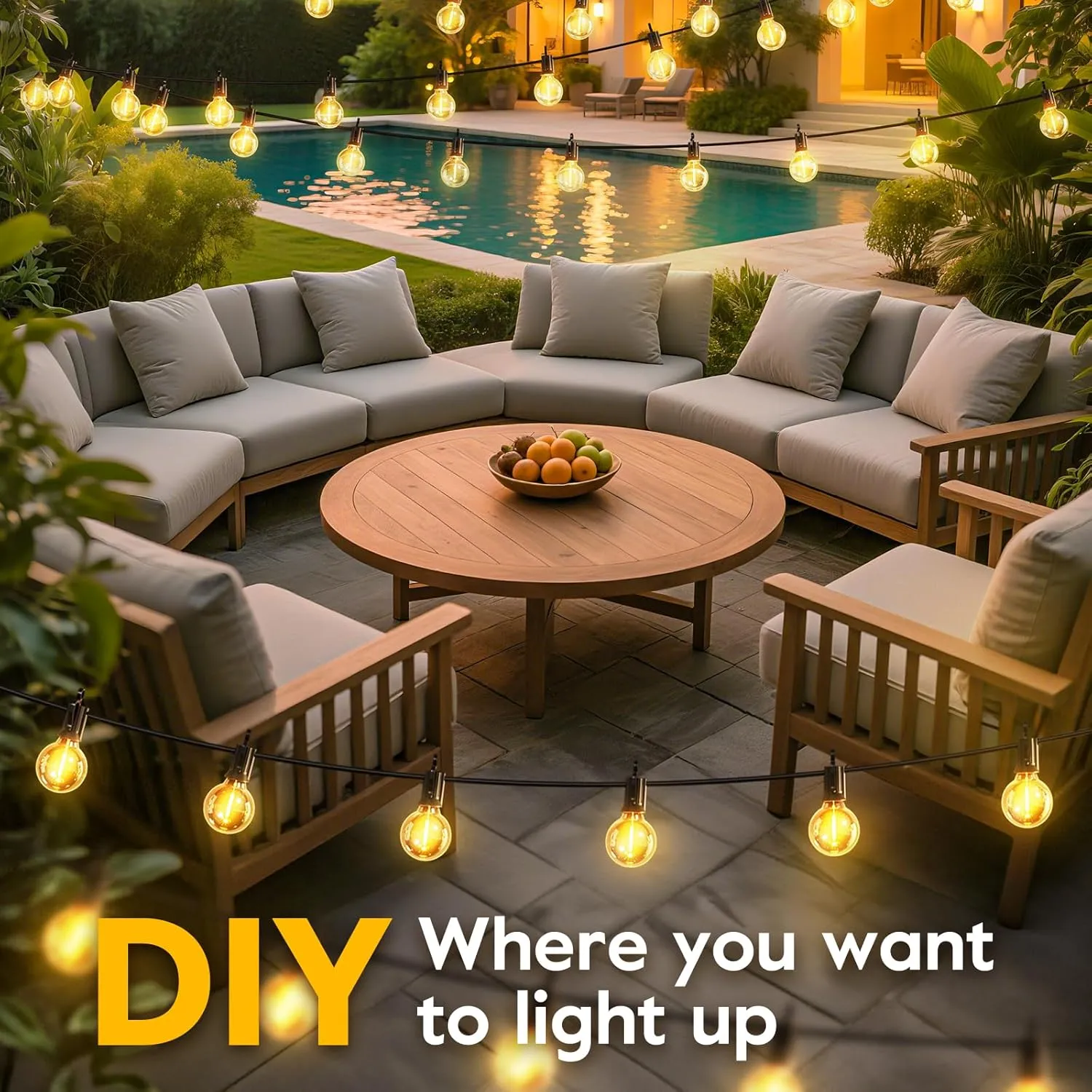 Minetom Solar Outdoor Lights - 38Ft 15 LED Waterproof Solar String Lights with USB Port and Cable Ties, Commercial Shatterproof G40 LED Bulbs, Hanging Patio Light for Backyard Porch Bistro Decor