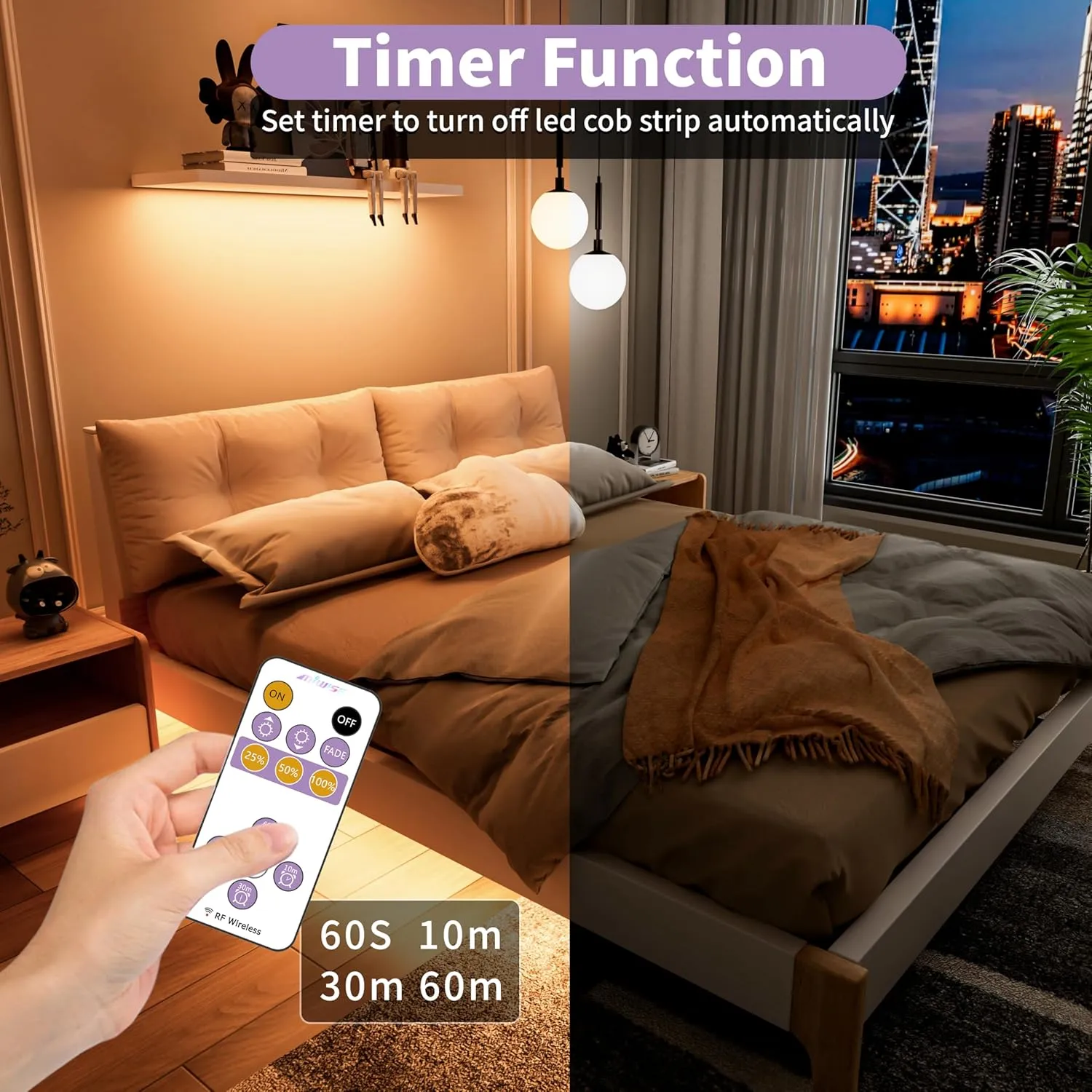 MIWISE COB LED Strip,2700K Warm White 20ft/6.1m,Dimmable Super Bright 24V LED Strip Light,CRI 90  Flexible Tape Light with RF Remote Timer Function,for Shelf/Cabinet/Bedroom/TV DIY Lighting Project