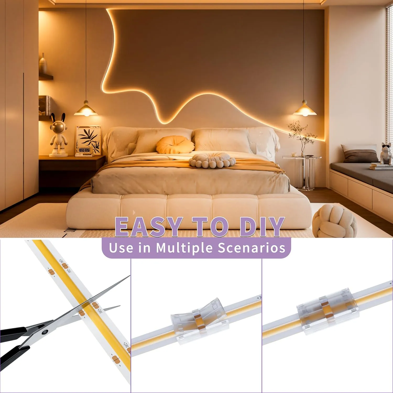 MIWISE COB LED Strip,2700K Warm White 20ft/6.1m,Dimmable Super Bright 24V LED Strip Light,CRI 90  Flexible Tape Light with RF Remote Timer Function,for Shelf/Cabinet/Bedroom/TV DIY Lighting Project