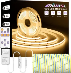 MIWISE COB LED Strip,2700K Warm White 20ft/6.1m,Dimmable Super Bright 24V LED Strip Light,CRI 90  Flexible Tape Light with RF Remote Timer Function,for Shelf/Cabinet/Bedroom/TV DIY Lighting Project