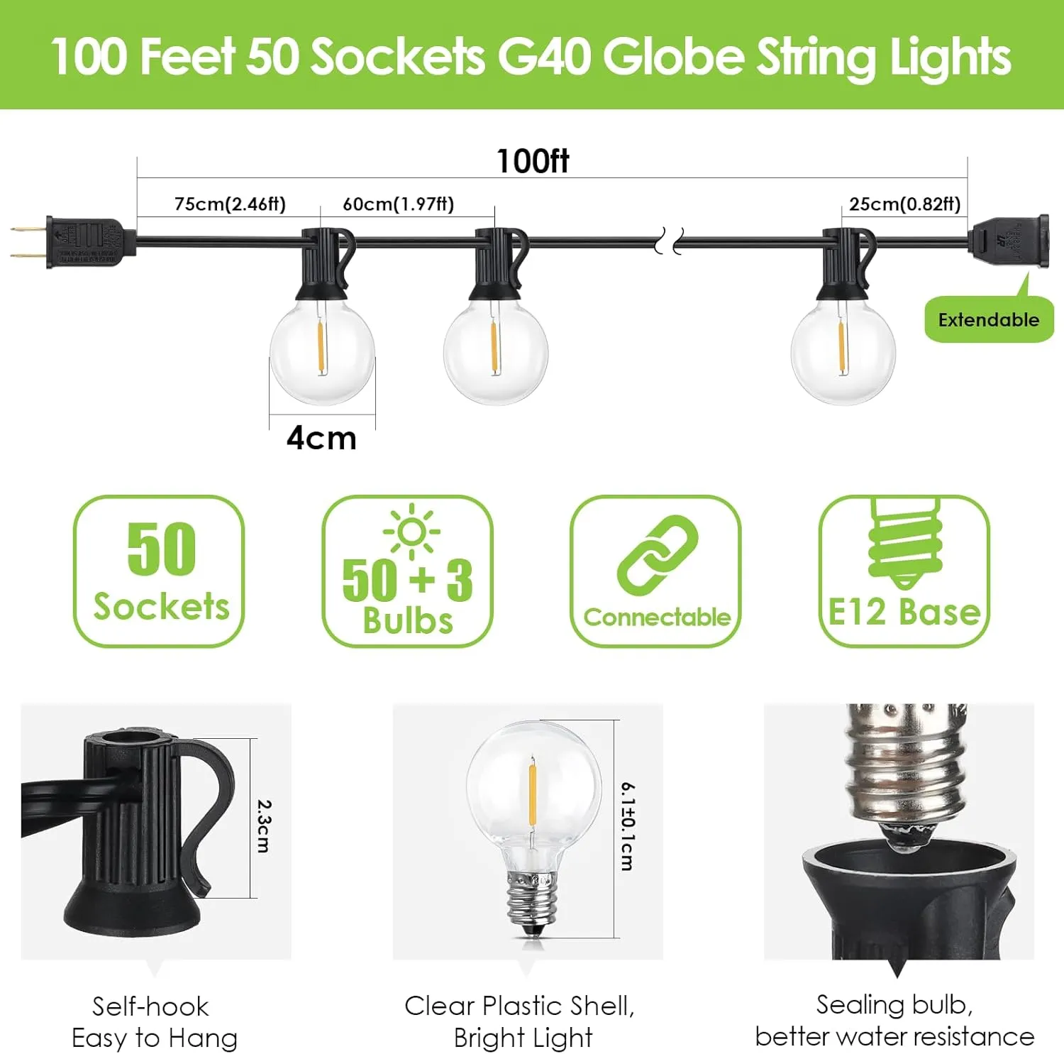 Mlambert 100Ft LED Outdoor String Lights, Dimmable Patio Lights, Waterproof Shatterproof 53 G40 Globe Bulb String for Backyard Bistro-Black 1 Pack