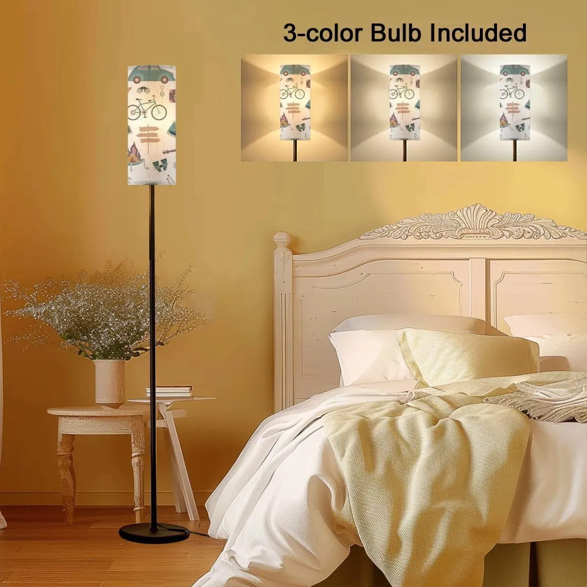 Modern Hiking camping seamless pattern travel elements Seamless pattern for Floor lamp Minimalist Standing Lamps Metal Pole Lamp Tall Lamps With Linen Shade Foot Switch for Living Room Bedroom