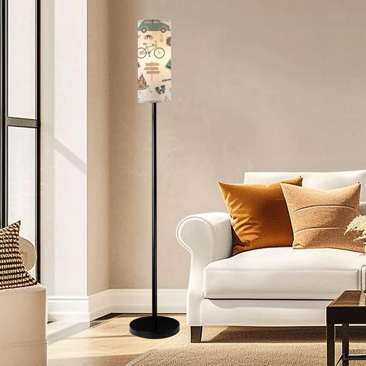 Modern Hiking camping seamless pattern travel elements Seamless pattern for Floor lamp Minimalist Standing Lamps Metal Pole Lamp Tall Lamps With Linen Shade Foot Switch for Living Room Bedroom