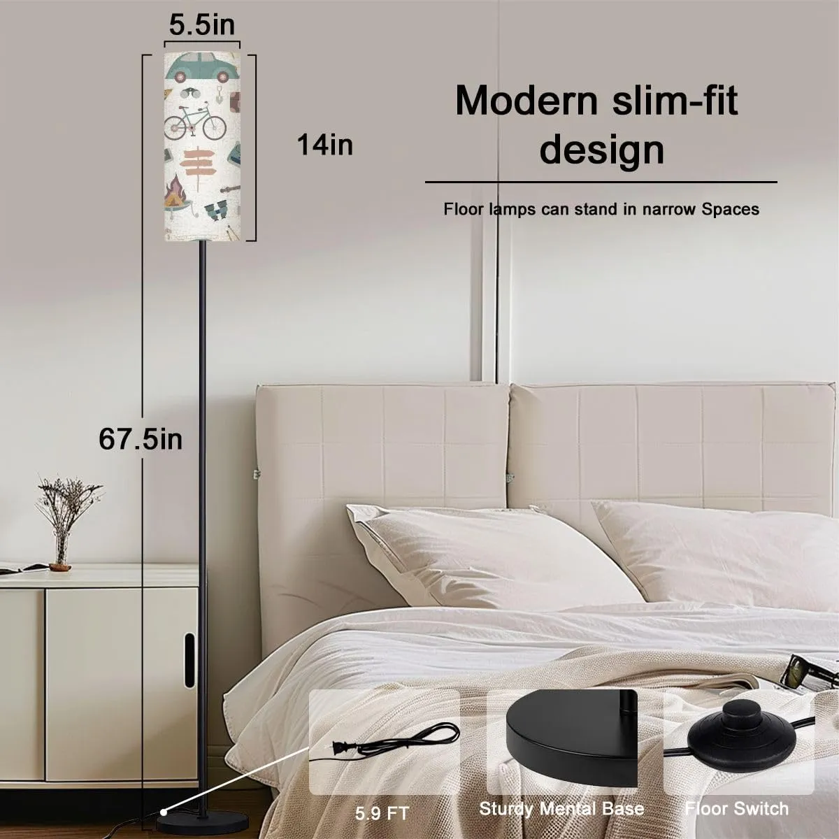 Modern Hiking camping seamless pattern travel elements Seamless pattern for Floor lamp Minimalist Standing Lamps Metal Pole Lamp Tall Lamps With Linen Shade Foot Switch for Living Room Bedroom