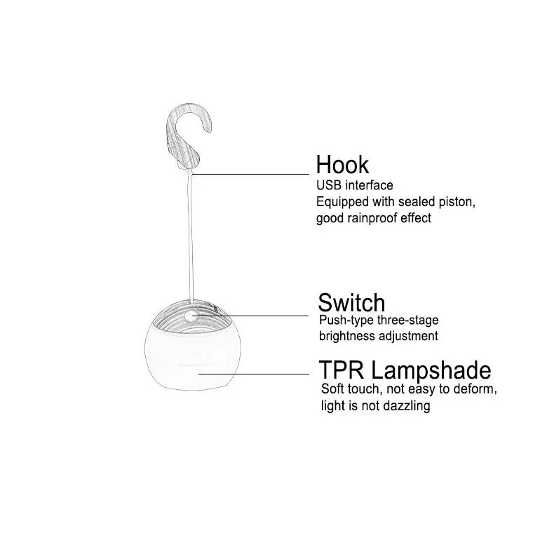 Modern, minimalist, hanging USB rechargeable LED camping tent light for outdoor use