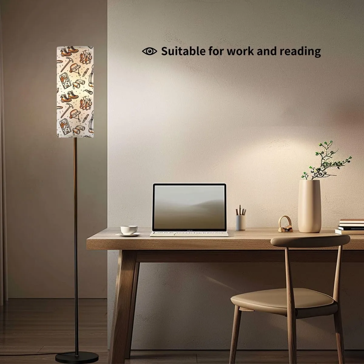 Modern Seamless Pattern for Traveler Print Hiking desgn Elements Map Tent Floor lamp Minimalist Standing Lamps Metal Pole Lamp Tall Lamps with Linen Shade Foot Switch for Living Room Bedroom
