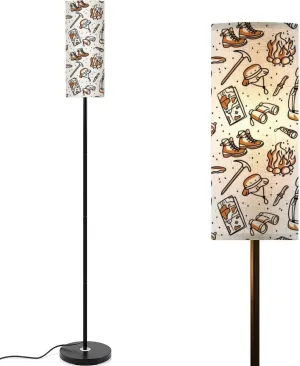 Modern Seamless Pattern for Traveler Print Hiking desgn Elements Map Tent Floor lamp Minimalist Standing Lamps Metal Pole Lamp Tall Lamps with Linen Shade Foot Switch for Living Room Bedroom