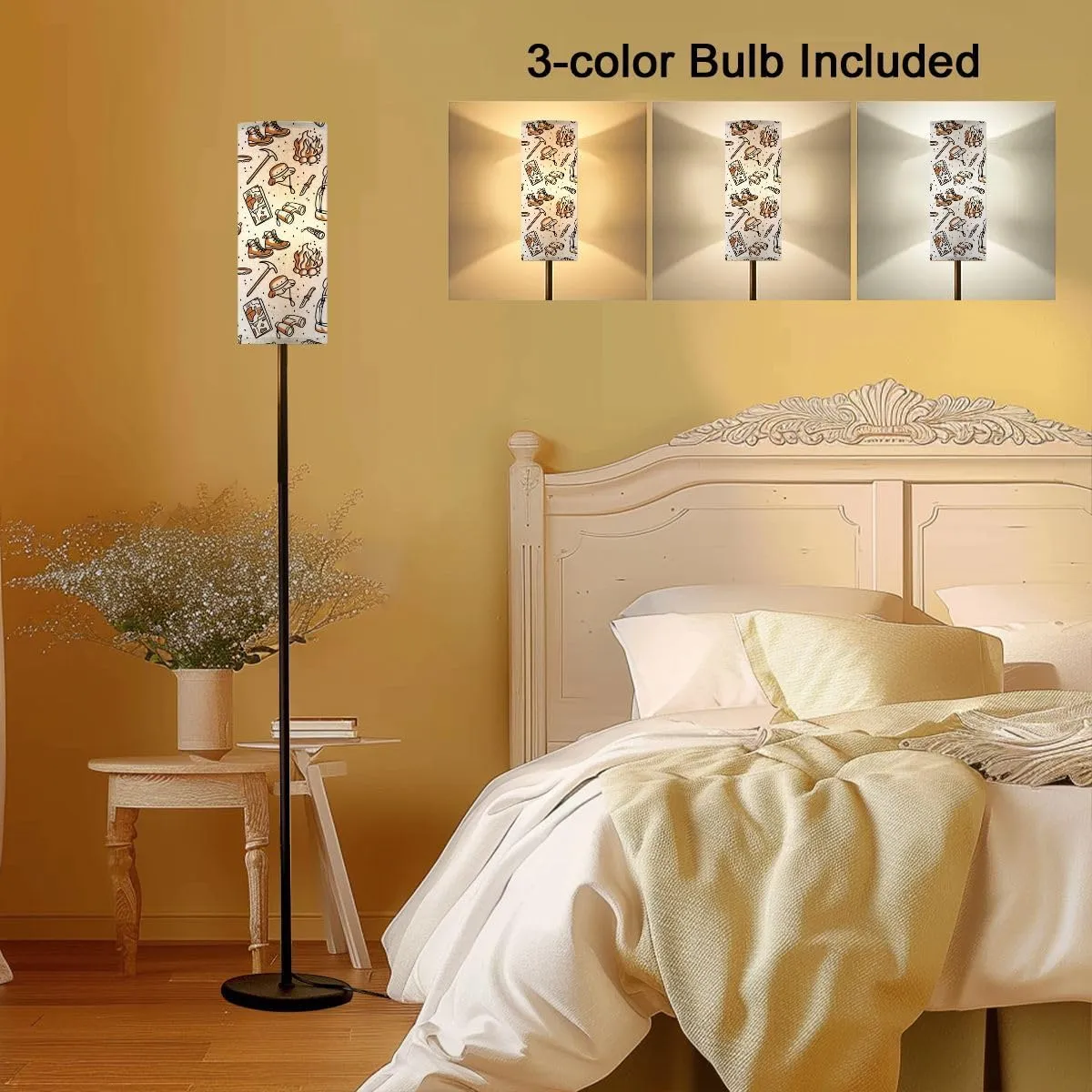 Modern Seamless Pattern for Traveler Print Hiking desgn Elements Map Tent Floor lamp Minimalist Standing Lamps Metal Pole Lamp Tall Lamps with Linen Shade Foot Switch for Living Room Bedroom