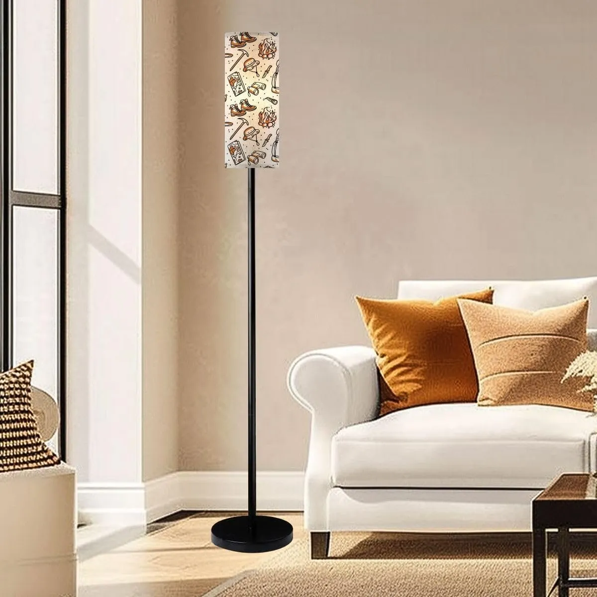 Modern Seamless Pattern for Traveler Print Hiking desgn Elements Map Tent Floor lamp Minimalist Standing Lamps Metal Pole Lamp Tall Lamps with Linen Shade Foot Switch for Living Room Bedroom