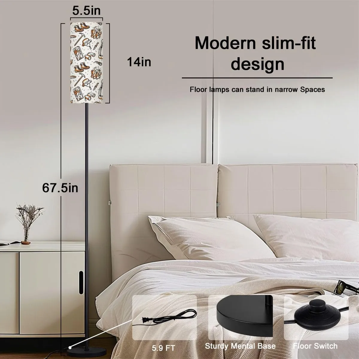 Modern Seamless Pattern for Traveler Print Hiking desgn Elements Map Tent Floor lamp Minimalist Standing Lamps Metal Pole Lamp Tall Lamps with Linen Shade Foot Switch for Living Room Bedroom
