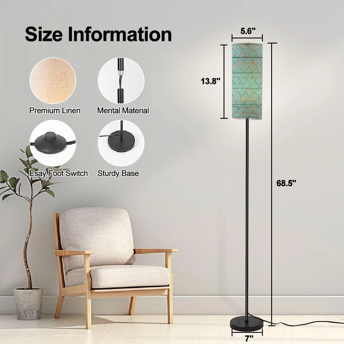 Modern Standing Lamps Fishing net Texture Light Blue Wood Maritime Minimalist Floor Lamp Metal Pole Lamp with Linen Lampshade for Bedroom Living Room Office Reading