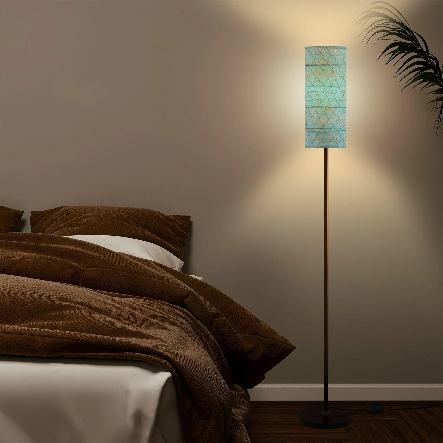 Modern Standing Lamps Fishing net Texture Light Blue Wood Maritime Minimalist Floor Lamp Metal Pole Lamp with Linen Lampshade for Bedroom Living Room Office Reading
